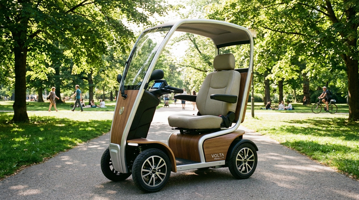 Ein modernes, komfortables Elektromobil steht einsatzbereit auf einem gepflasterten Weg in einem sonnigen Park. Im Hintergrund spazieren Menschen unter grünen Bäumen.