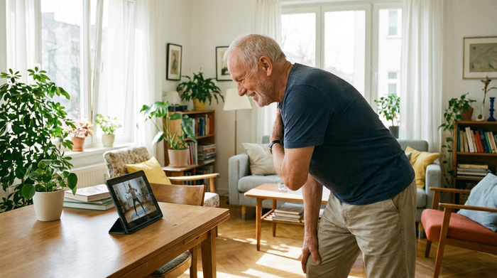 Ein älterer Herr macht leichte Gymnastikübungen im Wohnzimmer, während er aufmerksam auf ein auf dem Tisch stehendes Tablet schaut. Helles Zimmer, motivierte Stimmung, keine Schriftzüge.