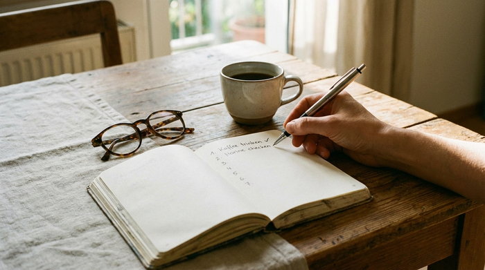 Eine Kaffeetasse, ein Notizbuch und eine Brille liegen ordentlich auf einem Holztisch. Eine Hand hält einen Stift und hakt einen Punkt auf einer Liste ab. Friedliche, organisierte Atmosphäre.