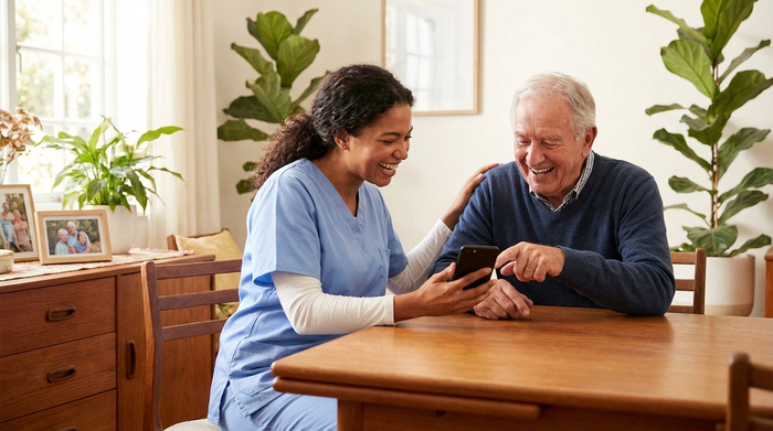 Eine freundliche Pflegekraft in hellblauer Berufskleidung sitzt neben einem Senior am Esstisch. Beide schauen gemeinsam auf ein Smartphone und lachen. Vertrauensvolle und unterstützende Szene.