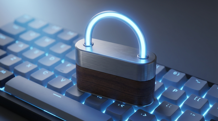 Ein stilvolles, modernes Vorhängeschloss liegt auf einer Computertastatur, beleuchtet von weichem, blauem Licht. Konzeptuelle Darstellung von Sicherheit und Schutz im digitalen Raum, ohne Text.