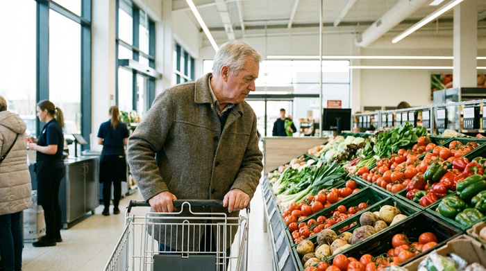 Ein älterer Herr mit grauem Haar stützt sich leicht auf einen Einkaufswagen in einem hellen Supermarktgang und betrachtet aufmerksam frisches Gemüse. Realistische, alltägliche Szene, saubere Umgebung, ohne lesbaren Text.