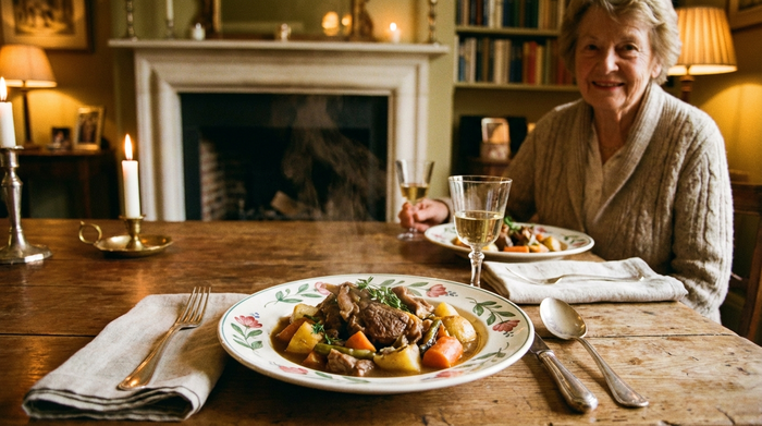 Eine dampfende, frisch zubereitete Mahlzeit auf einem schönen Porzellanteller, serviert auf einem gemütlich gedeckten Holztisch. Im Hintergrund sitzt eine ältere Frau und lächelt. Warme Beleuchtung, einladende Atmosphäre.