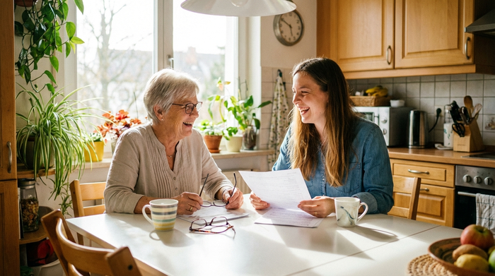 Eine ältere Frau und ihre erwachsene Tochter sitzen gemeinsam an einem hellen Küchentisch und besprechen entspannt Dokumente. Positive Stimmung, Kaffeetassen auf dem Tisch, sonniges Tageslicht, keine lesbaren Schriften.