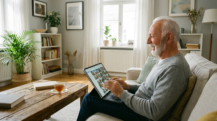 Ein fröhlicher Senior sitzt gemütlich auf dem Sofa und tippt auf einem modernen Tablet. Auf dem Couchtisch steht eine Tasse Tee. Helles, aufgeräumtes Wohnzimmer, realistische Darstellung ohne Text auf dem Bildschirm.