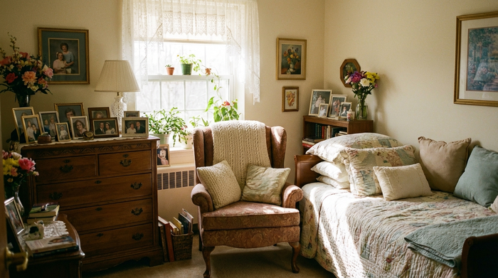 Ein gemütliches, privates Zimmer in einer Senioren-WG, liebevoll eingerichtet mit einem antiken Sessel, einem bequemen Bett und gerahmten Familienfotos auf einer Holzkommode. Helles Tageslicht, saubere und einladende Umgebung.