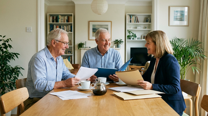 Ein älteres Ehepaar sitzt am Esstisch und bespricht entspannt Dokumente mit einer freundlichen Beraterin. Ordentliche Umgebung, Kaffeetassen auf dem Tisch, positive und erleichterte Gesichtsausdrücke.