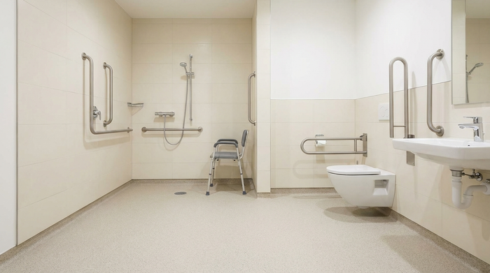 Ein modernes, komplett barrierefreies Badezimmer mit einer großzügigen, bodengleichen Dusche, stabilen Haltegriffen an den hellen Fliesenwänden und einem rutschfesten Boden. Sauber, hell und sicher gestaltet.
