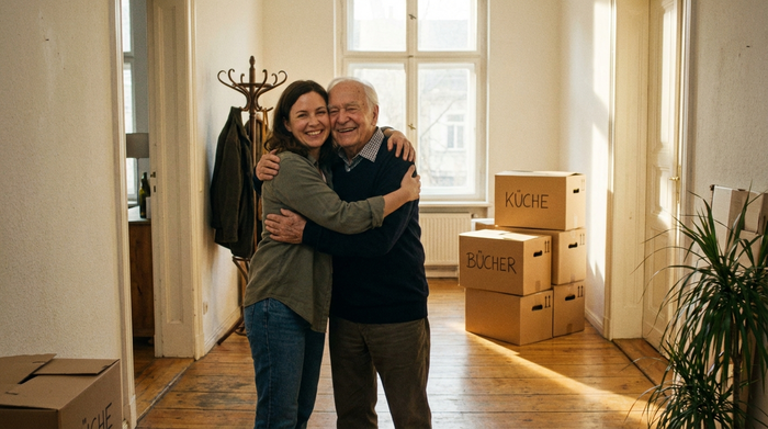 Eine Tochter umarmt ihren älteren Vater liebevoll im Flur einer hellen Wohnung. Beide lächeln beruhigt. Im Hintergrund stehen gepackte Umzugskartons. Emotionale, warme und realistische Szene.