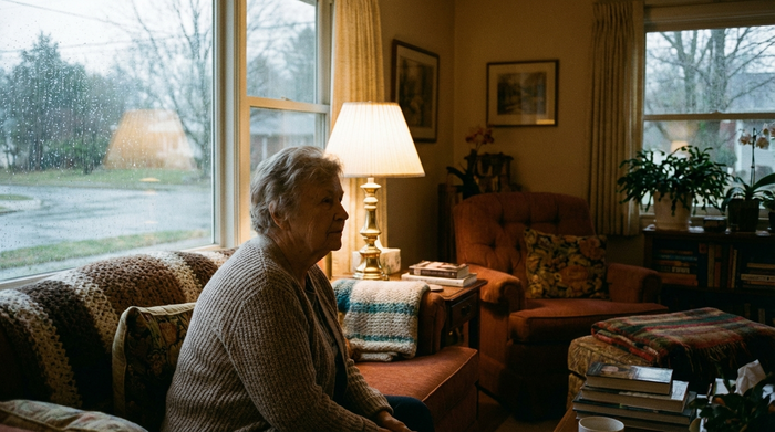 Eine ältere Frau schaut an einem bewölkten Tag nachdenklich aus dem Fenster ihres gemütlichen Wohnzimmers. Sanftes, gedimmtes Licht, warme Einrichtung, realistische Szene.