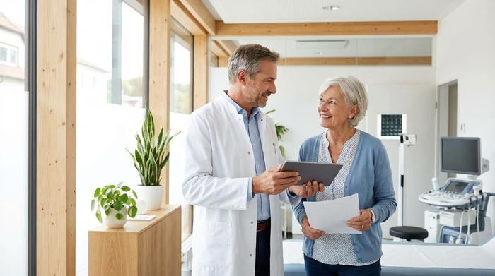 Ein Arzt im weißen Kittel bespricht in einer hellen, modernen Praxis mit einer lächelnden älteren Patientin vertrauensvoll die Ergebnisse. Realistische medizinische Umgebung, freundliche Stimmung.
