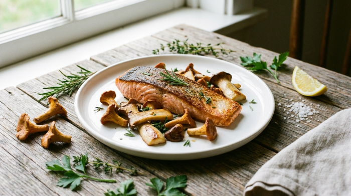 Ein leckeres, frisch gebratenes Lachsfilet auf einem weißen Teller, daneben frische Pilze und Kräuter auf einem rustikalen Holztisch. Appetitliche Food-Fotografie, natürliches Licht, keine Schriftzüge.