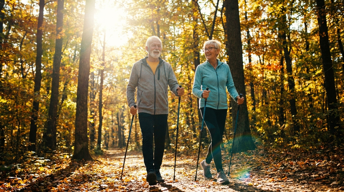Ein vitales Seniorenpaar geht lächelnd mit Walking-Stöcken durch einen lichtdurchfluteten Herbstwald. Aktive Bewegung, strahlender Sonnenschein, gesunder und agiler Lebensstil.
