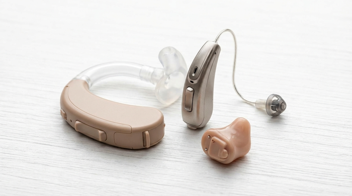 Nahaufnahme von drei verschiedenen, sauberen Hörgeräten auf einem weißen Holztisch: ein Hinter-dem-Ohr-Gerät, ein RIC-Gerät und ein kleines In-dem-Ohr-Gerät. Hochwertige Makroaufnahme, hell und steril.