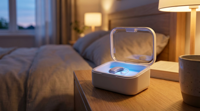 Eine geöffnete, moderne elektrische Trockenbox für Hörgeräte auf einem Nachttisch, in der ein sauberes Hörgerät liegt. Ein sanftes blaues UV-Licht leuchtet im Inneren. Ruhige Abendstimmung im Schlafzimmer.