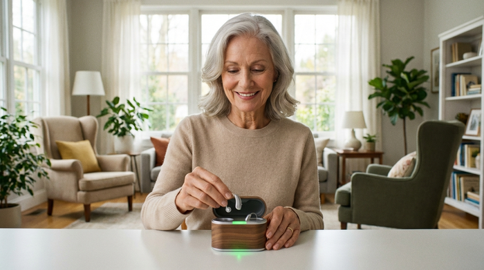 Eine gepflegte ältere Frau legt ihr modernes Akku-Hörgerät behutsam in eine kleine, elegante Ladestation. Helles, freundliches Wohnzimmer im Hintergrund, sonnige Atmosphäre.