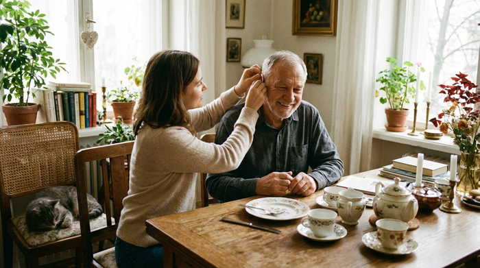 Eine fürsorgliche jüngere Frau hilft ihrem lächelnden Vater am Esstisch dabei, sein Hörgerät vorsichtig einzusetzen. Liebevolle und unterstützende Stimmung in einem gemütlichen Zuhause.