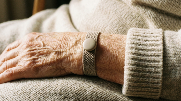 Eine Nahaufnahme des Handgelenks einer älteren Person, die ein modernes, unauffälliges Hausnotruf-Armband mit einem dezenten Knopf trägt. Die Hand ruht entspannt auf einer weichen Decke. Warme, beruhigende Beleuchtung, realistisches Foto.