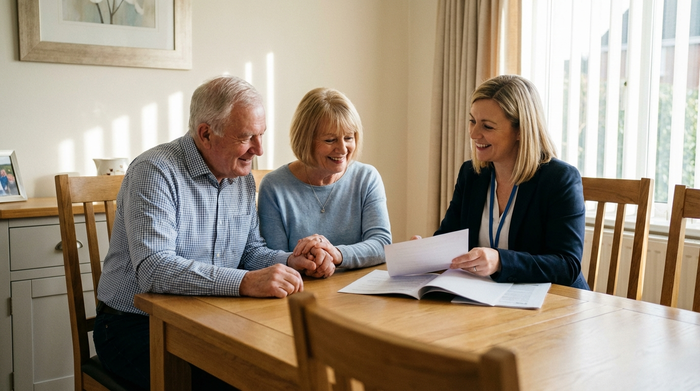 Ein älteres Ehepaar sitzt gemeinsam mit einer freundlichen Pflegeberaterin an einem aufgeräumten Esstisch. Sie betrachten lächelnd einige Dokumente. Helle, positive und unterstützende Atmosphäre, warmes Licht. Realistische Szene.