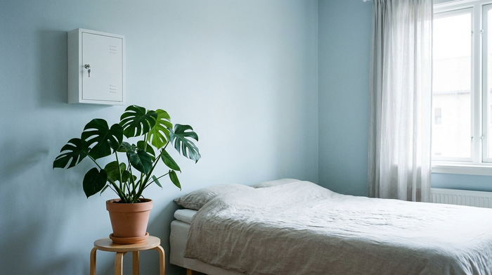 Ein kühles, sauberes Schlafzimmer mit einem kleinen, weißen, verschlossenen Medizinschrank an der Wand. Neben dem Schrank steht eine grüne Zimmerpflanze. Ruhige, aufgeräumte Atmosphäre ohne ablenkende Details.