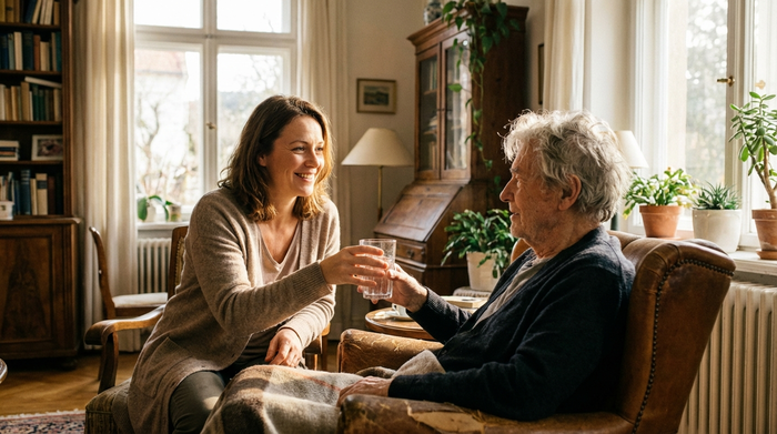 Eine fürsorgliche, lächelnde Pflegerin reicht einem älteren Herrn mit grauen Haaren ein Glas Wasser in einem gemütlichen, sonnendurchfluteten Wohnzimmer. Beide wirken entspannt und vertraut.