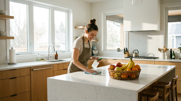 Eine junge, freundliche Haushaltshilfe reinigt sorgfältig die Küchenarbeitsplatte in einem modernen, hellen Zuhause. Im Hintergrund steht ein Obstkorb. Realistische, saubere Szene.