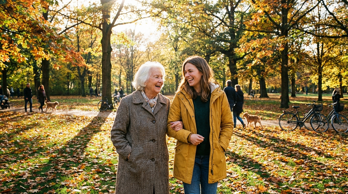 Zwei Frauen, eine jüngere und eine ältere, spazieren Arm in Arm lachend durch einen sonnigen, herbstlichen Park. Bunte Blätter an den Bäumen, entspannte und fröhliche Atmosphäre.