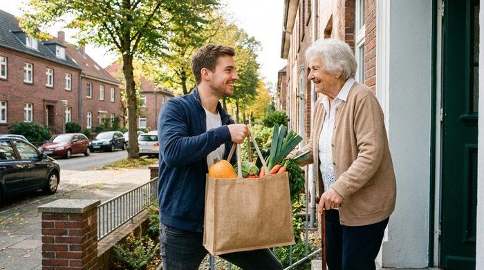 Ein junger Mann hilft einer älteren Nachbarin an der Haustür beim Tragen einer Einkaufstüte mit frischem Gemüse. Beide lächeln sich freundlich an. Typische Wohnstraße im Hintergrund.