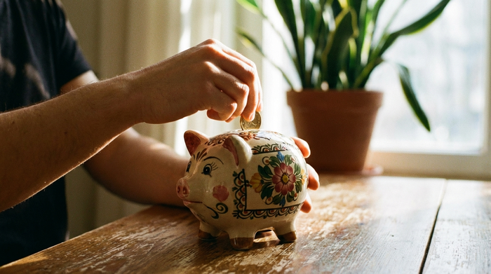 Eine Nahaufnahme von Händen, die behutsam Münzen in ein dekoratives Sparschwein auf einem Holztisch legen. Im Hintergrund verschwommen eine Zimmerpflanze. Helles, positives Licht.