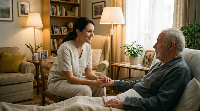 Eine einfühlsame Pflegekraft in dezenter, heller Arbeitskleidung sitzt am Bett eines älteren Patienten in einem gemütlich eingerichteten Wohnzimmer und hört ihm aufmerksam zu. Warme Beleuchtung, vertrauensvolle Stimmung.