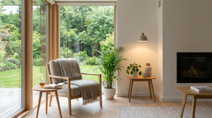 Ein modern eingerichtetes, aufgeräumtes Wohnzimmer mit großen Fenstern und Blick ins Grüne. Ein bequemer Sessel steht neben einem kleinen Beistelltisch mit einer Tasse Tee und einem Buch. Einladende und sichere Umgebung.