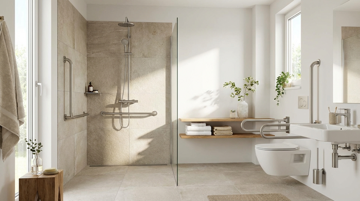 Ein modernes, helles und barrierefreies Badezimmer mit einer bodengleichen Dusche, rutschfesten Fliesen und eleganten Haltegriffen an der Wand. Frische Handtücher liegen ordentlich auf einer Ablage.