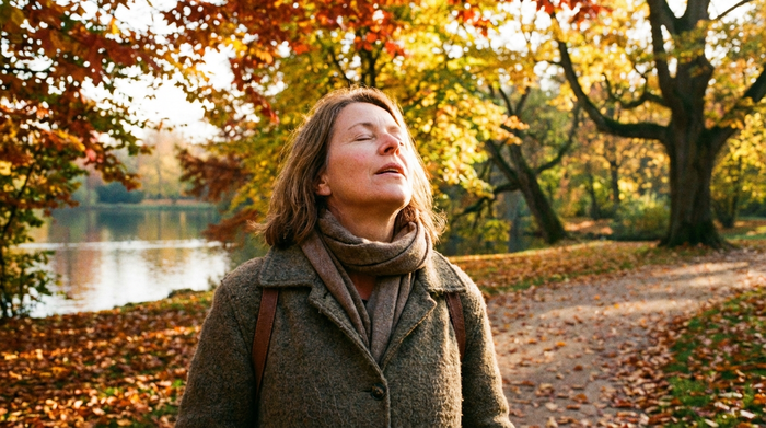 Eine Frau mittleren Alters spaziert entspannt durch einen herbstlichen Park, atmet tief ein und genießt die frische Luft. Sanftes Sonnenlicht fällt durch die bunten Blätter der Bäume. Friedliche Natur.