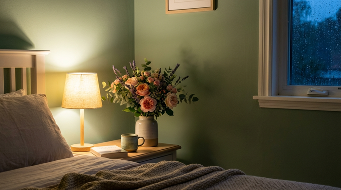 Ein sanft beleuchtetes Zimmer am Abend. Auf dem Nachttisch steht eine kleine Lampe mit warmem Licht neben einem Strauß frischer Blumen. Ruhige, schlaffördernde und geborgene Umgebung.