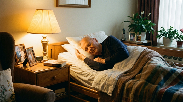 Ein älterer Herr mit ruhigem Gesichtsausdruck schläft friedlich in einem sauberen, gemütlichen Pflegebett. Eine warme Leselampe wirft sanftes Licht auf den Nachttisch. Die Szene strahlt tiefe Ruhe und Geborgenheit aus.