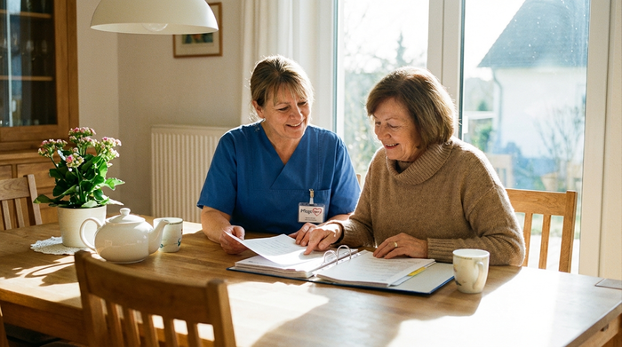 Eine professionelle Pflegekraft und eine Angehörige sitzen gemeinsam an einem hellen Esstisch und besprechen ruhig und konzentriert Pflegeunterlagen. Die Atmosphäre ist kooperativ, vertrauensvoll und unterstützend.