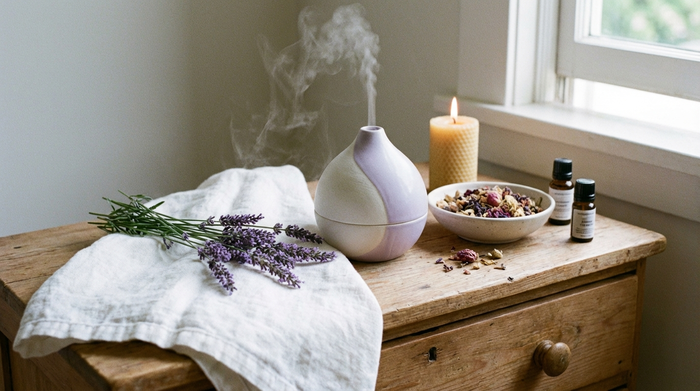 Eine entspannende Aromatherapie-Szene. Ein stilvoller Diffusor verströmt sanften Nebel auf einer Holzkommode, daneben liegen frische Lavendelzweige auf einem sauberen weißen Handtuch. Beruhigende, harmonische Farbgebung in Violett und Weiß.