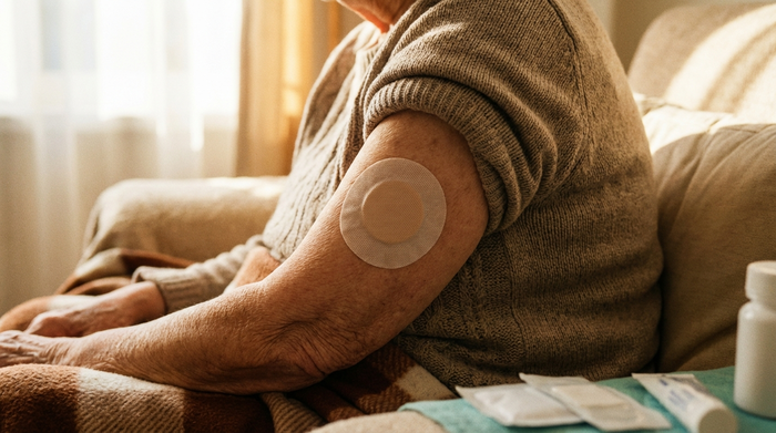 Ein realistisches, unbeschriftetes rundes Schmerzpflaster klebt sicher auf der intakten, sauberen Haut einer älteren Person am Oberarm. Warme, weiche Beleuchtung, die eine beruhigende medizinische Versorgung zu Hause ausstrahlt.