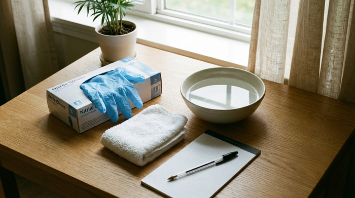 Eine ordentlich arrangierte Bereitstellung von Pflegematerialien auf einem sauberen Holztisch: hellblaue Einmalhandschuhe, ein weicher weißer Waschlappen, eine Schale mit klarem Wasser und ein Kugelschreiber. Natürliches, weiches Tageslicht.