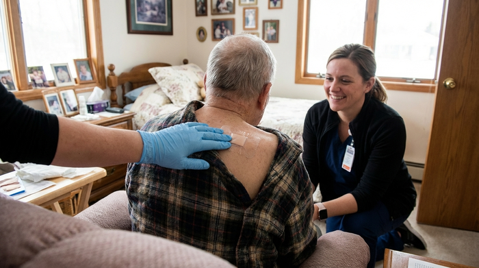 Eine sanfte Hand in einem medizinischen Handschuh drückt behutsam ein durchsichtiges Pflaster auf den oberen Rücken eines älteren Patienten. Ruhige, professionelle und empathische Pflegesituation im heimischen Schlafzimmer.