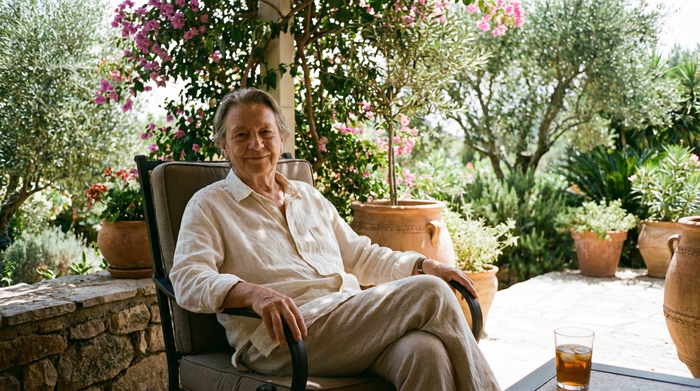 Eine ältere Person sitzt entspannt im Schatten auf einer Terrasse, gekleidet in ein leichtes, langärmliges Sommerhemd, das vor direkter Sonneneinstrahlung schützt. Im Hintergrund grüne Pflanzen und sanftes Sommerlicht.