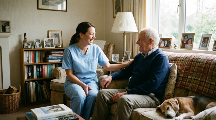 Eine freundliche Pflegekraft in hellblauer Berufskleidung unterhält sich lächelnd mit einem älteren Herrn im Wohnzimmer. Vertrauensvolle und entlastende Stimmung bei der ambulanten Betreuung zu Hause.