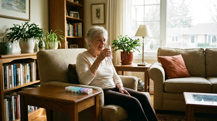 Eine rüstige Seniorin trinkt entspannt ein Glas Wasser in einem gemütlichen, gut beleuchteten Wohnzimmer. Neben ihr auf dem hölzernen Beistelltisch liegt eine kleine, ordentliche Medikamentenbox.
