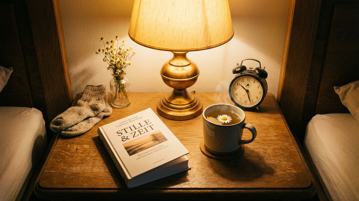 Eine ruhige, aufgeräumte Szene auf einem hölzernen Nachttisch mit einer warmen Leselampe, einem aufgeschlagenen Buch und einer dampfenden Tasse Kamillentee.