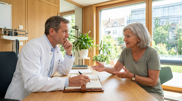 Ein erfahrener Hausarzt im weißen Kittel sitzt am Schreibtisch seiner modernen Praxis und hört einer älteren Patientin aufmerksam zu, während er sich konzentriert Notizen macht.