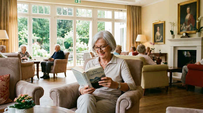 Eine elegante, rüstige Seniorin liest ein Buch in einer luxuriösen, hotelähnlichen Lobby einer Seniorenresidenz mit bequemen Sesseln und großen Fenstern. Helle und freundliche Stimmung, realistische Fotografie.