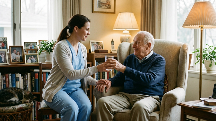 Eine fürsorgliche Pflegekraft in professioneller, heller Arbeitskleidung reicht einem lächelnden Senior in einem gemütlichen, gut ausgestatteten Zimmer ein Glas Wasser. Vertrauensvolle und sichere Atmosphäre, weiches Licht.
