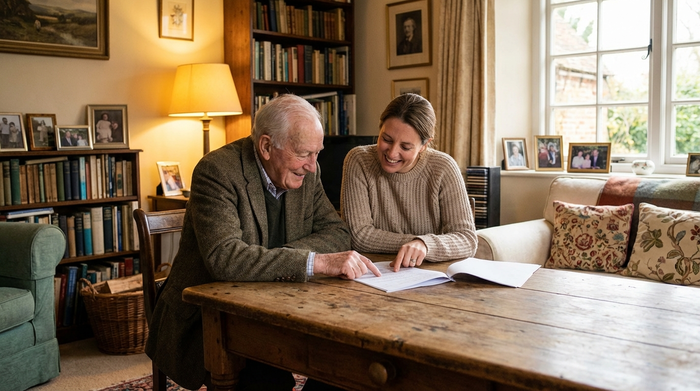 Ein älterer Herr sitzt mit seiner erwachsenen Tochter an einem Holztisch im Wohnzimmer und sie betrachten gemeinsam konzentriert einige Dokumente. Realistische Szene, warmes Licht, familiäre Umgebung.