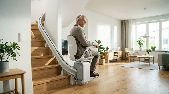 Ein moderner, sauberer Treppenlift in einem hellen, aufgeräumten Einfamilienhaus. Ein zufriedener Senior sitzt sicher auf dem Lift und fährt die Holztreppe hinauf. Praktische Alltagshilfe, fotorealistisch.