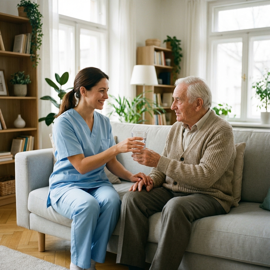 Eine freundliche Pflegekraft in hellblauer Kleidung reicht einem älteren Herrn liebevoll ein Glas Wasser. Beide sitzen entspannt in einem hellen Wohnzimmer auf einem bequemen, hellgrauen Sofa.